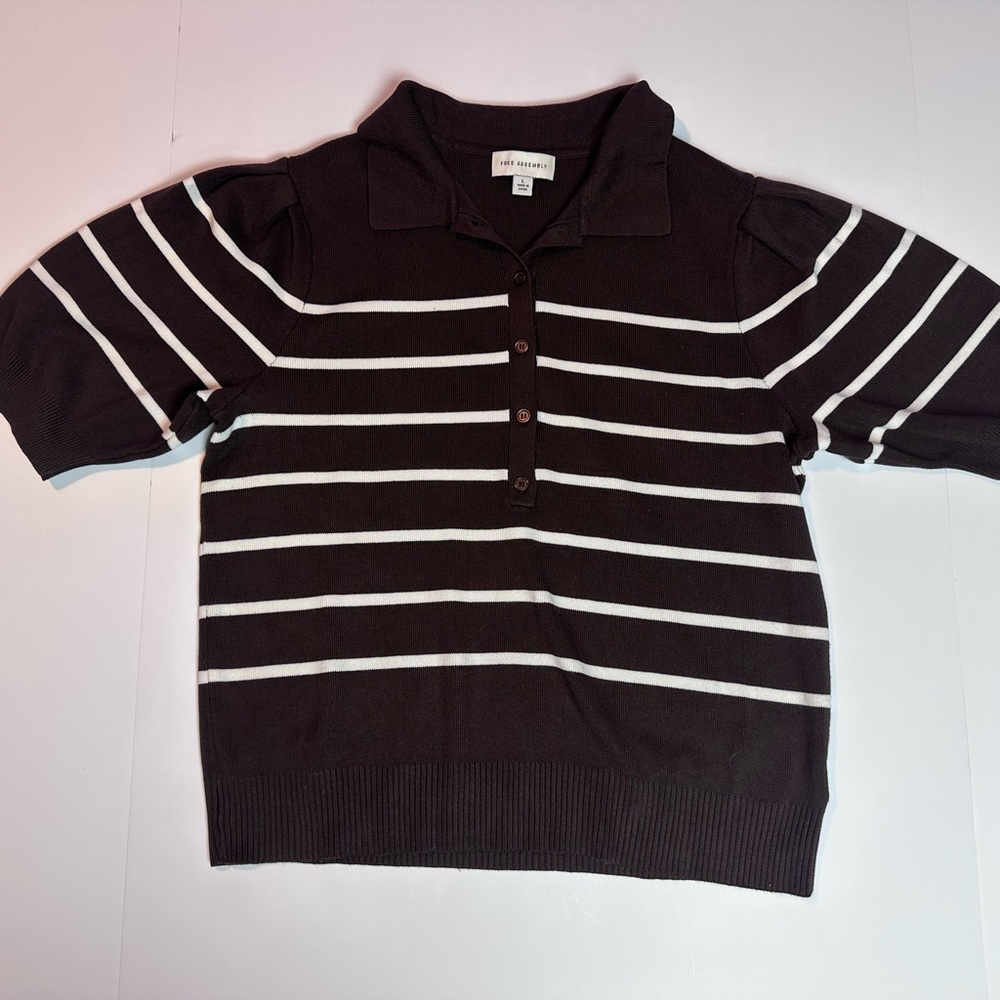 Free Assembly Brown Striped Short Sleeve Knit Polo Sweater Women’s Large